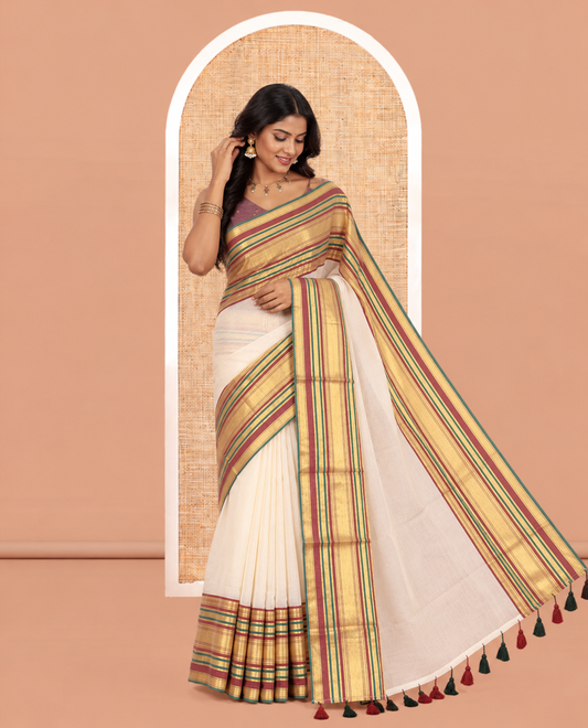 Cream-Maroon Plain Khadi Mul Cotton Saree