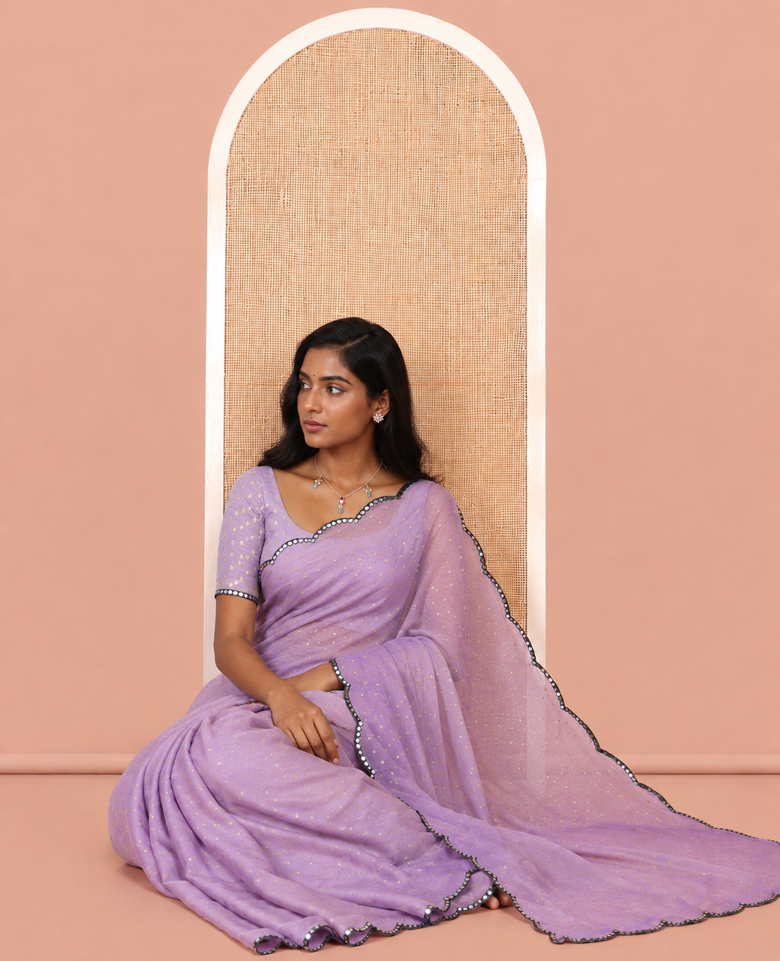 Lavender Shimmer Chiffon Saree, Steeped with Buttas, a Scallop Mirror Work Border, and a Matching Blouse
