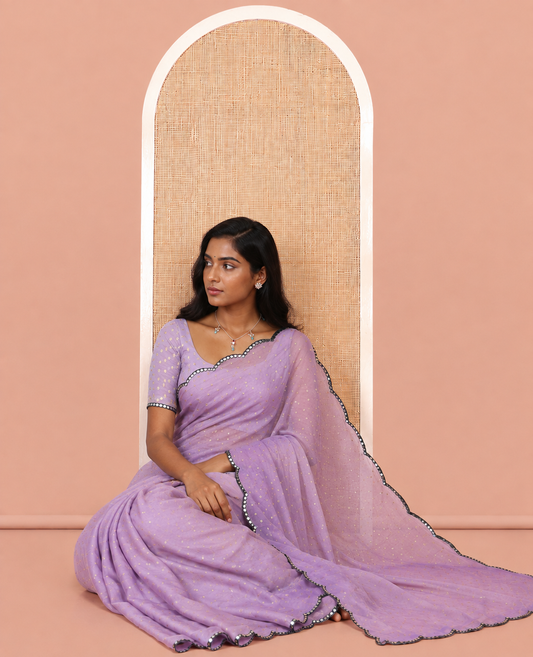 Lavender Shimmer Chiffon Saree, Steeped with Buttas, a Scallop Mirror Work Border, and a Matching Blouse