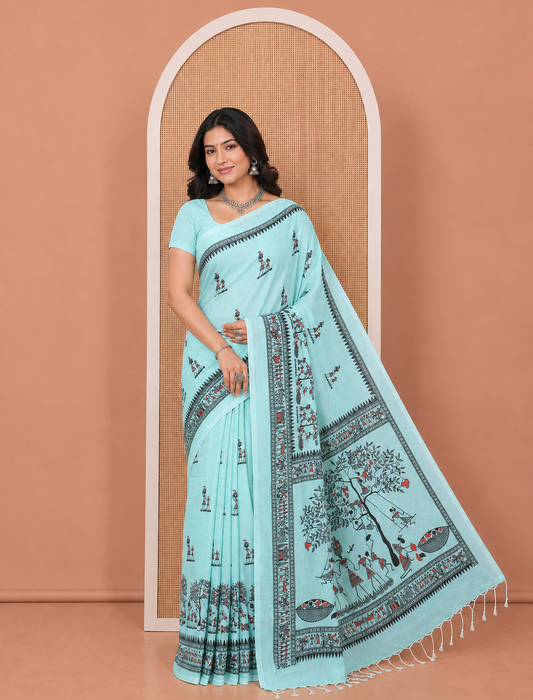 Light Rama Khadi Mul Cotton Saree, Artfully Printed with Warli Motifs All Over Its Body, Highlighted by a Self-Border of Warli Print, Pallu of Warli Print, and Paired with a Matching Blouse