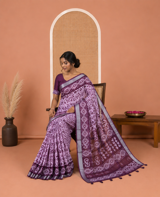 Pink Jute Linen Saree Features Batik Floral Print, Zari Border, Printed Pallu, Contrast Blouse