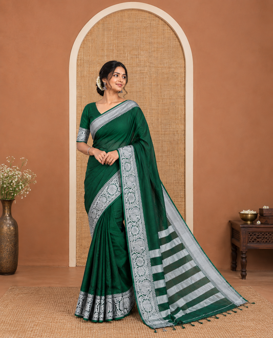 Green Plain Mercerised Cotton Saree, a Self-Border of Temple, Peacock, and Floral,  Striped Pallu, and a Matching Blouse