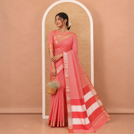 Reddish-Brown Mercerised Cotton Saree, Adorned with Stripes, Contrast Traditional Zari Border, Striped Pallu, and Matching Blouse