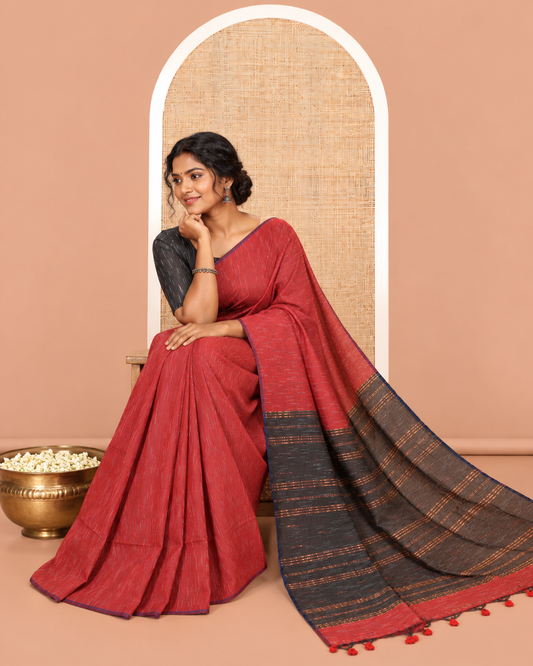Borderless Red Khadi Cotton Saree