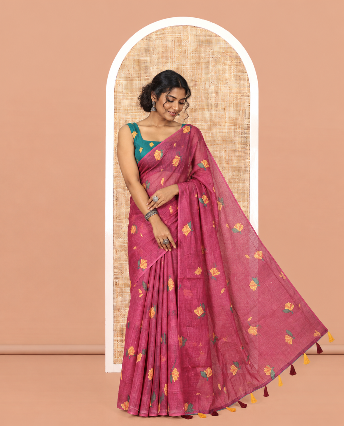 Borderless Purple Floral Motif Printed Linen Cotton Saree Comes with a Contrast Printed Blouse