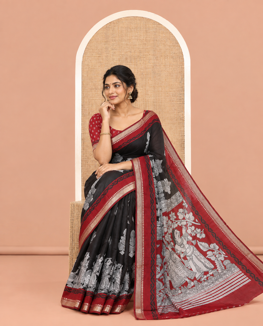 Black Chanderi Cotton Saree, Accentuated with Kalamkari Print, a Contrast Zari Border, Kalamkari Pallu, a Contrast Blouse