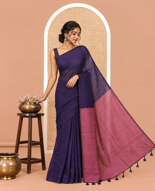 Borderless Violet-Pink Plain Design Khadi Cotton Saree