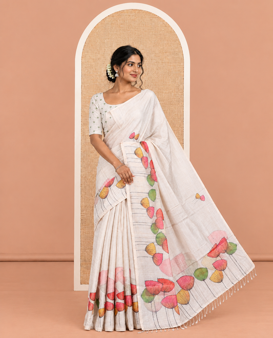Gold Fancy Floral Printed Tissue Saree Features Floral Printed Border, and Matching Blouse