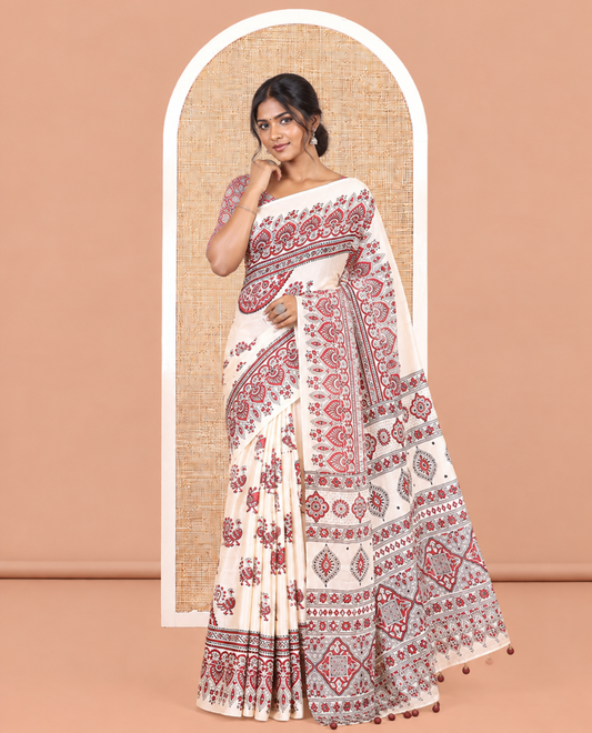 Cream Satin Crepe Saree
