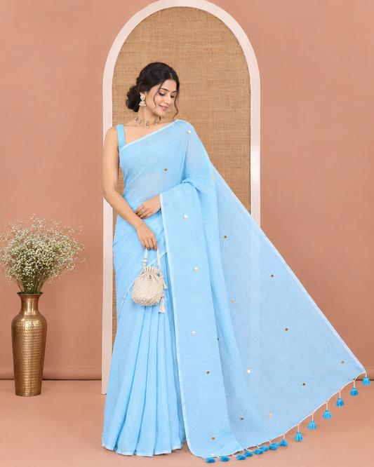 Borderless Blue Khadi Mul Cotton Saree, Subtly Sparkled with Sequin Work on Its Body and Pallu, and Paired with a Matching Blouse