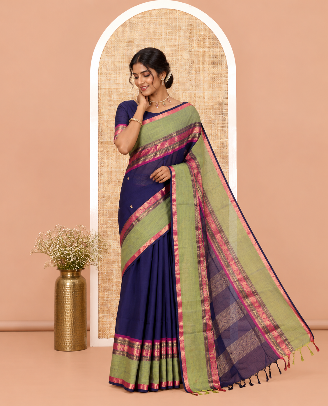 Navy Chettinad Cotton Saree, Woven with Zari Buttas, a Contrast Traditional Rettai Pettu Border, Matching Blouse