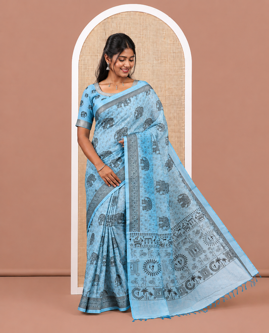 Blue South Cotton Saree Features Leaf and Elephant Motifs Print, a Subtle Printed Border, and a Matching Blouse