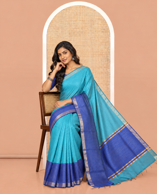 Rama Blue Semi-Raw Silk Saree, Delicately Woven with Zig-Zag Stripes, Contrast Border of Butta Enclosed Checks, Striped Pallu, and a Contrast Blouse