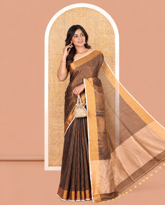 Brown Khadi Tissue Saree