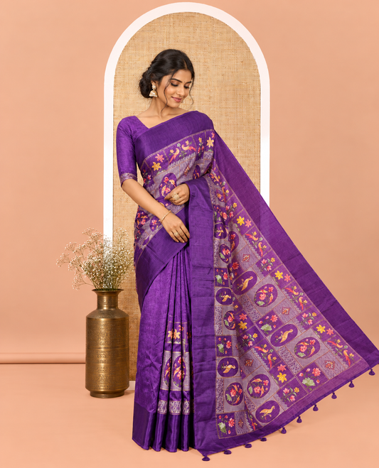 Purple Green-Silk Saree, Elegantly Highlighted by Mughal-Style Floral-Fauna Enclosed Jaal Design Embroidery, Subtle Satin Border, Artfully Multi-Color Embroidered Pallu, and Paired with a Matching Blouse