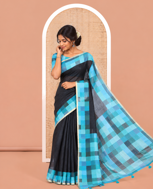 Black-Blue Plain Linen Cotton Saree, a Contrast Checked Border, Checked Pallu, and a Contrast Blouse