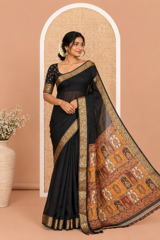 Black Embossed Moss Chiffon Saree, a Zari Floral-Paisley Vine Border, Contrast Mughal-Style Pallu, and a Matching Blouse