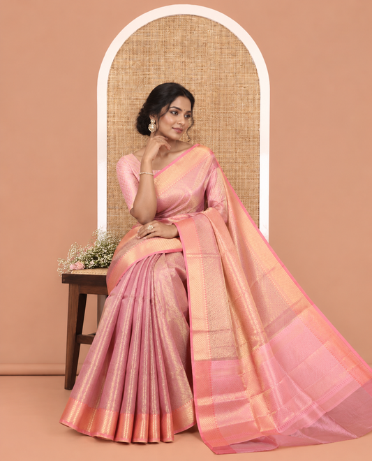 Pink Banaras Katan Silk Saree, Adorned with Brocade Design on Its Body, Complemented by a Contrast Traditional Zari Design Border, Grand Jaal Pallu, and Paired with a Contrast Blouse
