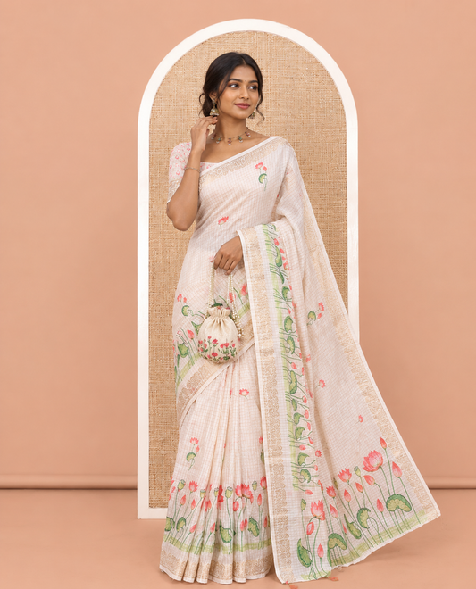 Cream Checked Semi-Tussar Saree Features Pichwai Lotus, a Zari Border, and a Matching Blouse