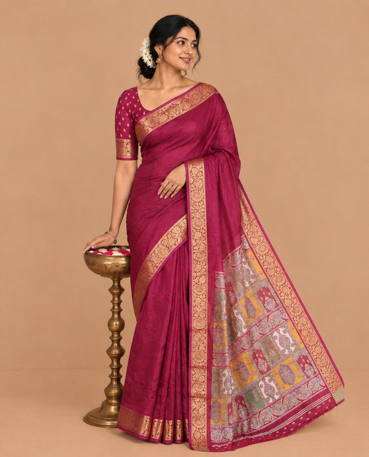 Purple Embossed Moss Chiffon Saree, a Zari Floral-Paisley Vine Border, Contrast Mughal-Style Pallu, and a Matching Blouse