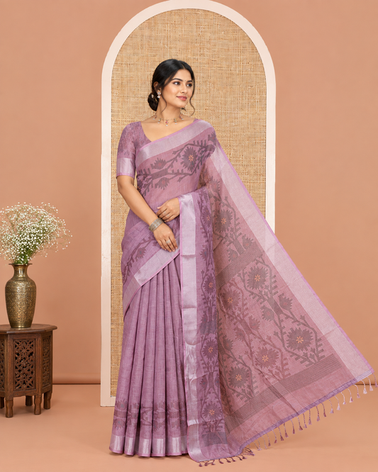 Light Purple Plain Linen Cotton Saree, Subtly Sparkled Zari Border of Jamdani-Style Leaf-Floral Designs, Pallu Depicting Jamdani-Style Designs, and Paired with a Matching Blouse