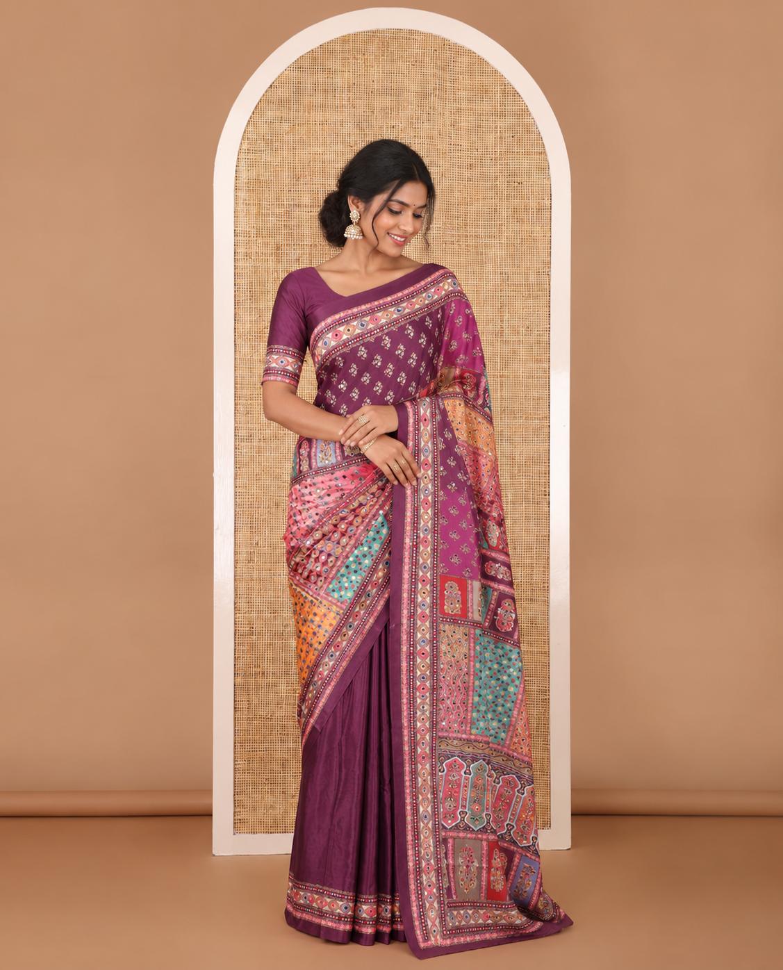 Multi-colour geometric printed, mirror work masakali saree with printed, mirror work border & printed pallu along with plain blouse