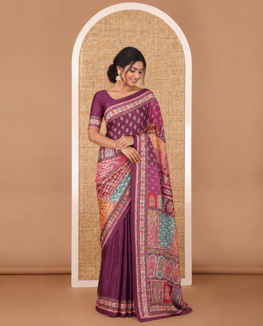 Multi-colour geometric printed, mirror work masakali saree with printed, mirror work border & printed pallu along with plain blouse