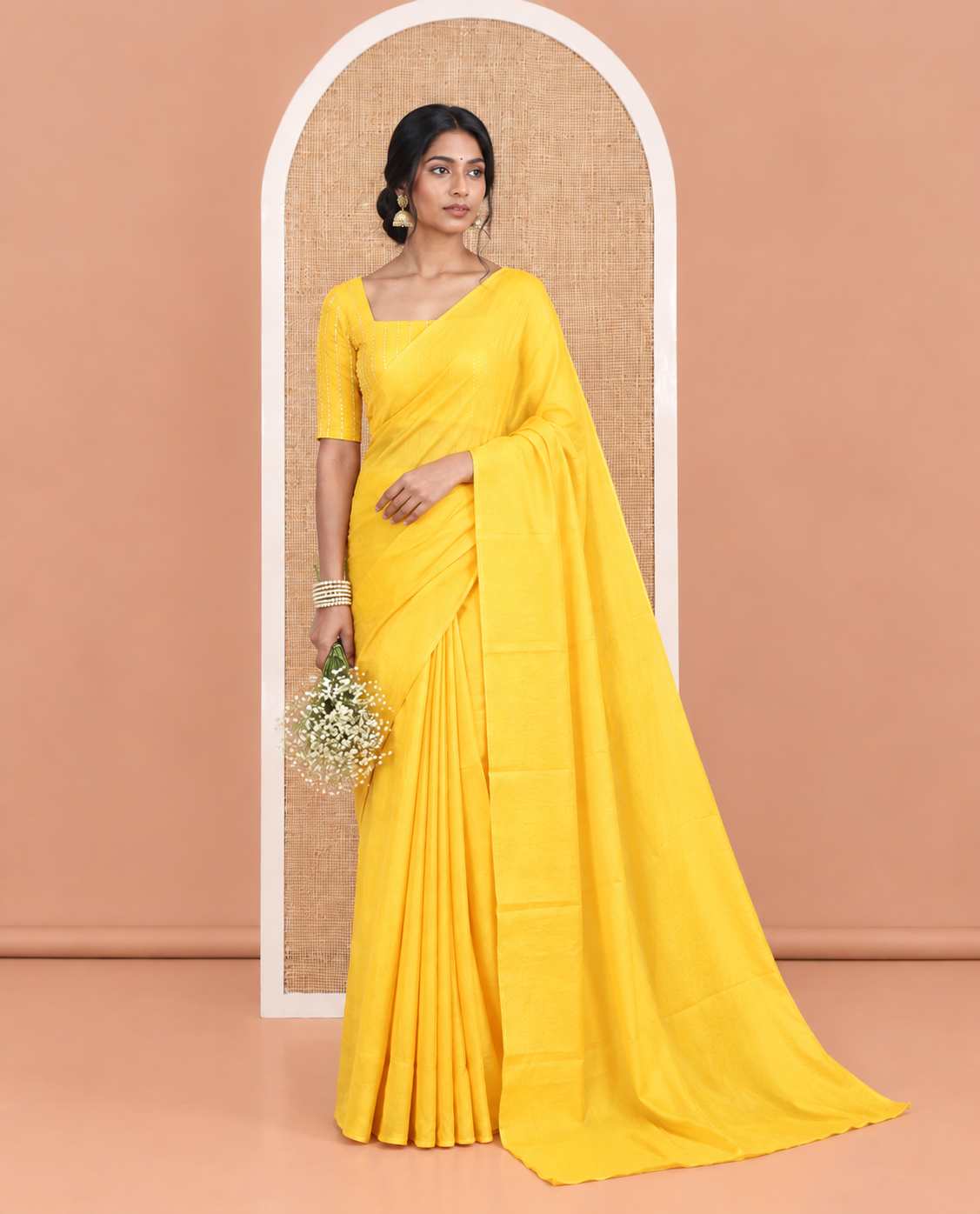 Borderless Yellow Plain Crushed Rangoli Chiffon Saree, Comes with a Matching Designer Blouse