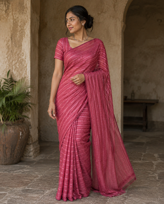 Borderless Onion Pink Vichitra Silk Saree, Embellished with Horizontal Stripes and Sequin Stripes, Paired with a Matching Blouse