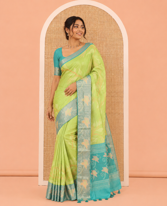 Parrot Green Manipuri Silk Saree, Detailed with Pochampally-Style Floral Vine, a Contrast Floral Creeper Border, Floral Pallu, a Contrast Blouse