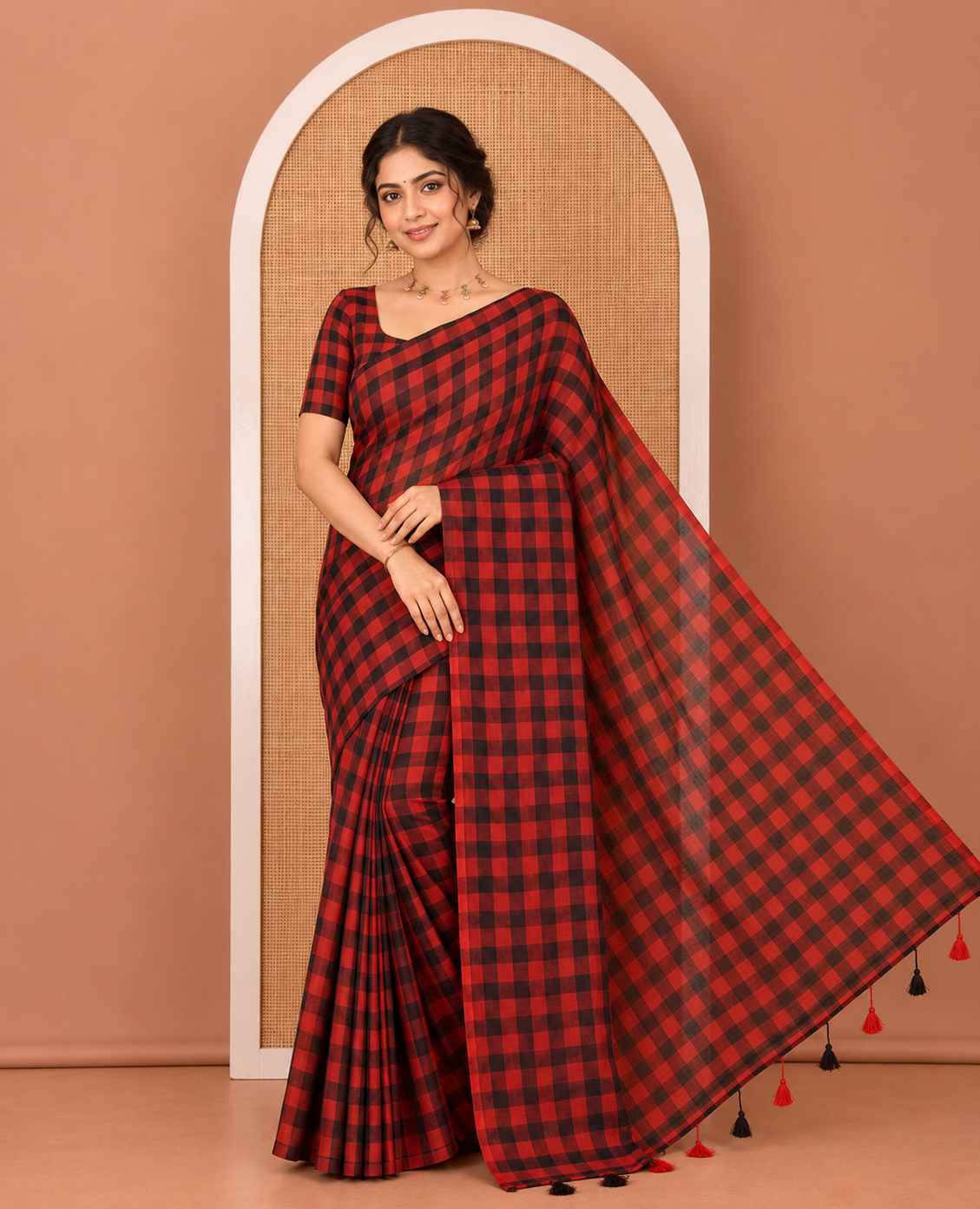 Borderless Red-Black Khadi Mul Cotton Saree, Adorned with Madras Checks, Comes without Blouse