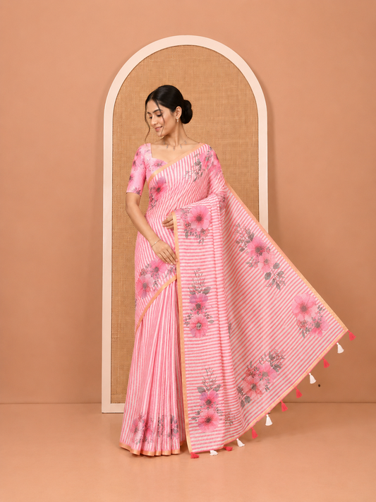 Pink Linen Cotton Saree Features Stripes, and Floral Print, a Piping Border, Floral Pallu and a Matching Blouse