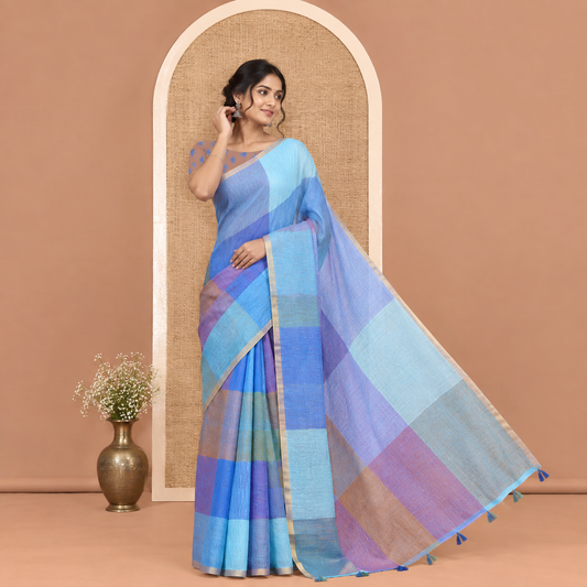 Borderless Blue Linen Cotton Saree , Macro-Checked Design on Its Body, a Self-Pallu, and Contrast-Printed Blouse