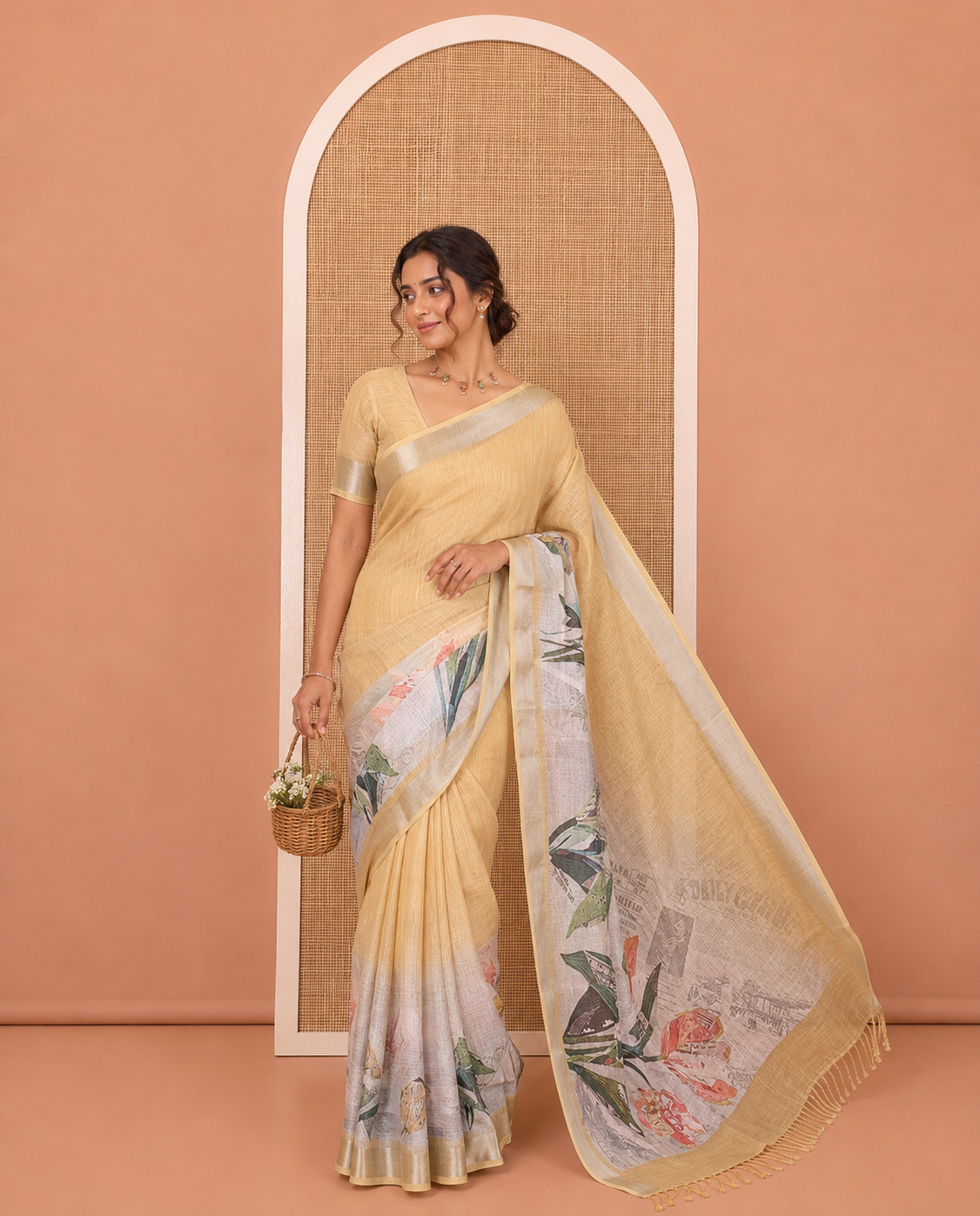 Off-White-Dusky Pink Linen Cotton Saree Features Tropical Floral, and Newspaper Print, a Zari Border, and a Matching Blouse