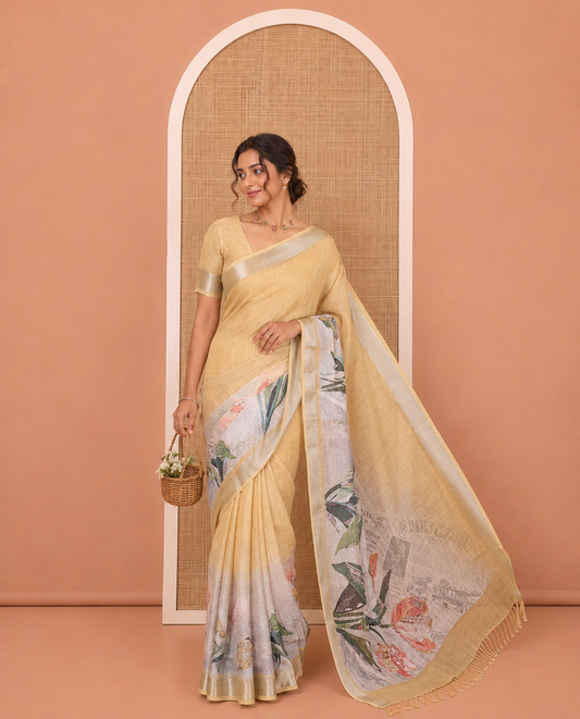 Off-White-Dusky Pink Linen Cotton Saree Features Tropical Floral, and Newspaper Print, a Zari Border, and a Matching Blouse