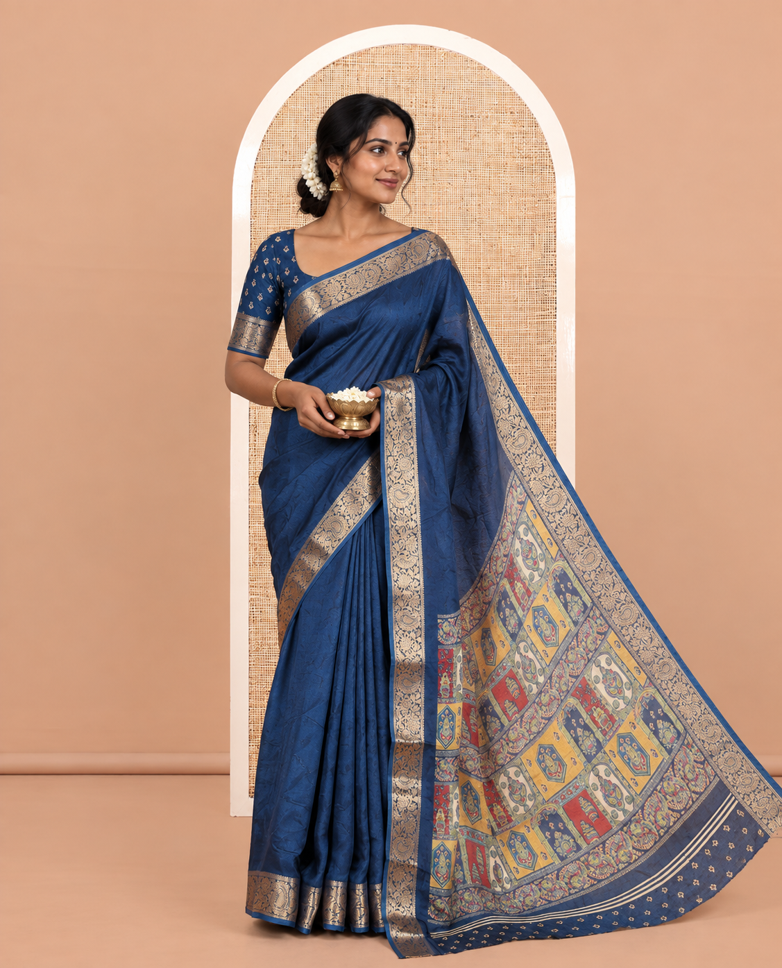 Blue Embossed Moss Chiffon Saree, a Zari Floral-Paisley Vine Border, Contrast Mughal-Style Pallu, and a Matching Blouse
