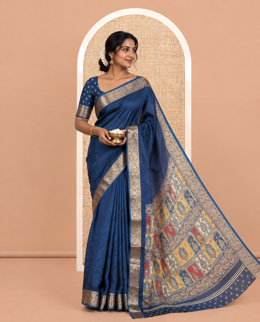 Blue Embossed Moss Chiffon Saree, a Zari Floral-Paisley Vine Border, Contrast Mughal-Style Pallu, and a Matching Blouse