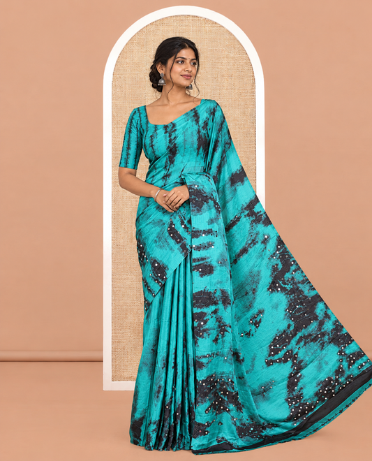 Borderless Rama Green Satin Crepe Saree, Ornamented with Shibori Print and Mirror Work, a Matching Blouse