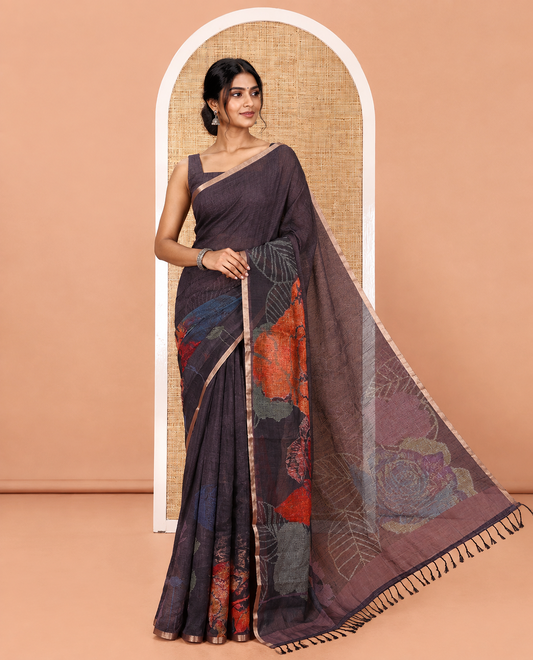 Black Linen Cotton Saree, Artfully Printed with Tropical-Style Floral Print on Its Body, Printed Pallu, and Paired with a Matching Blouse