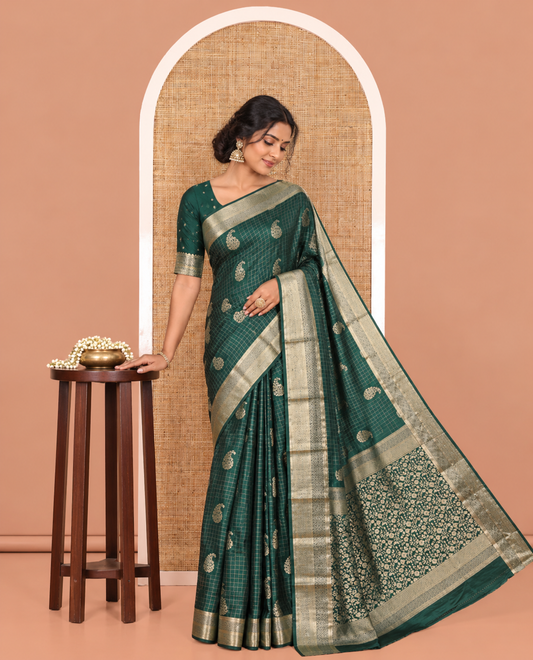 Green Satin Silk Saree, Enriched with Paisleys and Zari Checked Design on Its Body, Highlighted by Zari Traditional Design Border, Floral Jaal Pallu, and Paired with a Matching Blouse