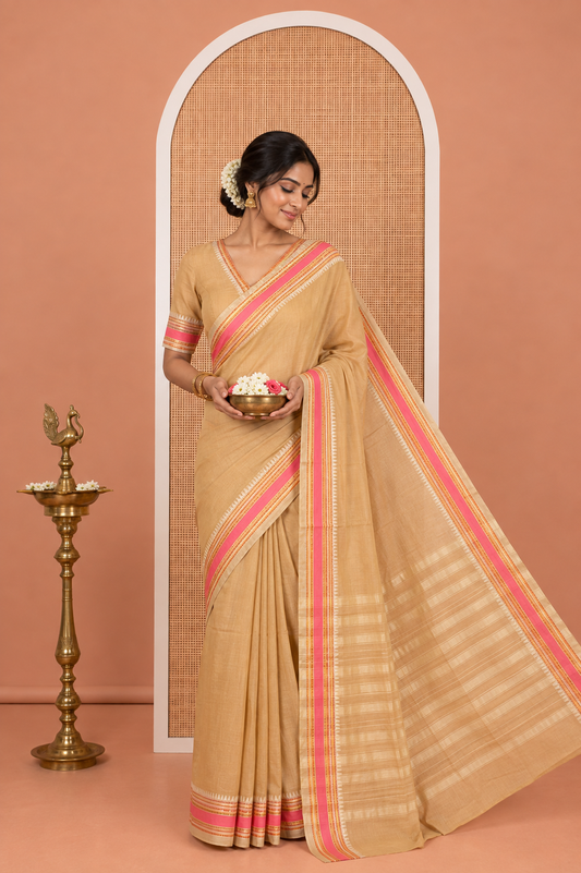 Chikku Plain Mercerised Cotton Saree, Complemented by Contrast Traditional Border, Striped Pallu, and a Matching Blouse