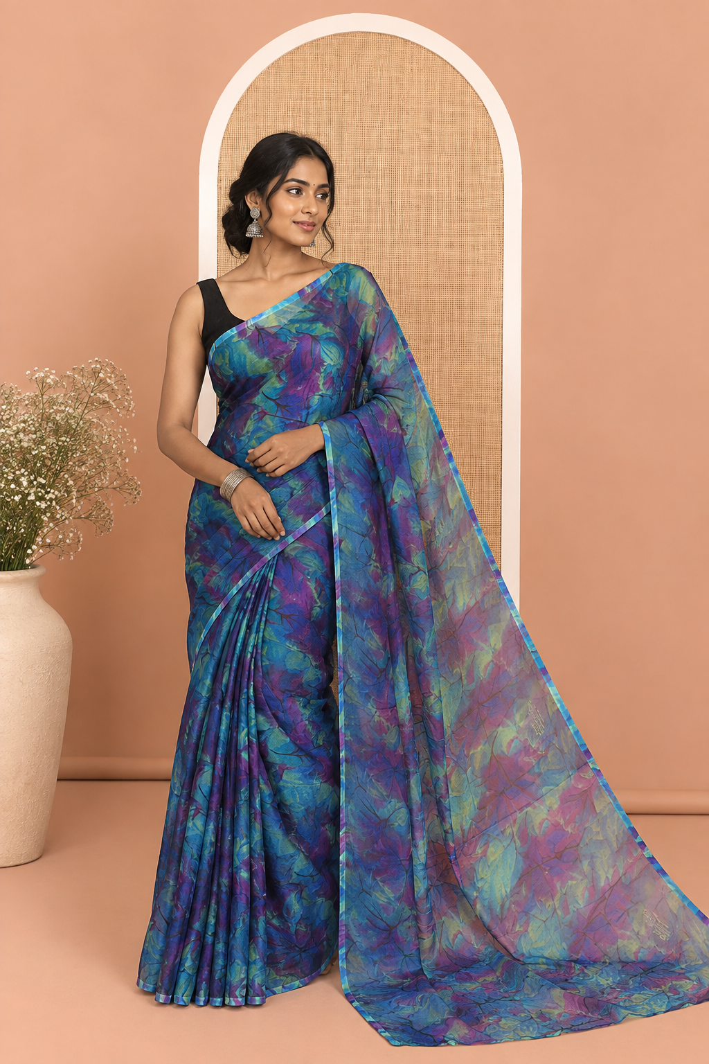 Borderless Blue Rangoli Chiffon Saree, Accentuated with All-Over Abstract Print, and Comes Without Blouse