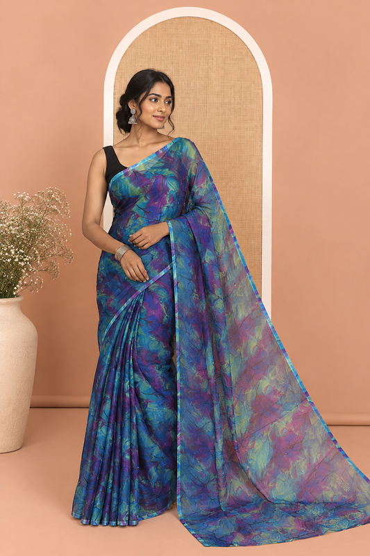 Borderless Blue Rangoli Chiffon Saree, Accentuated with All-Over Abstract Print, and Comes Without Blouse