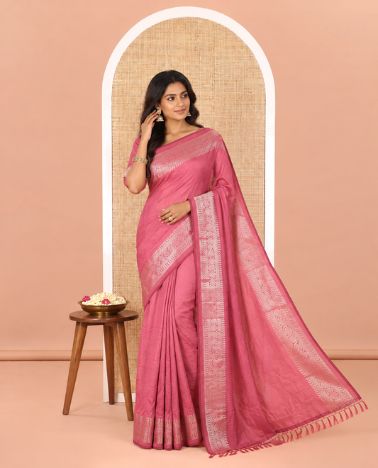 Pink Plain Vichitra Silk Saree Subtly Sparked with Self-Border Featuring Traditional Designs, Plain Pallu, and Comes Without Blouse