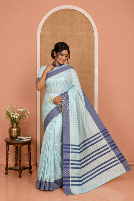 Sky Blue Checked Mercerised Cotton Saree, Contrast Temple Ara Maadam Border, Striped Pallu, and Matching Blouse