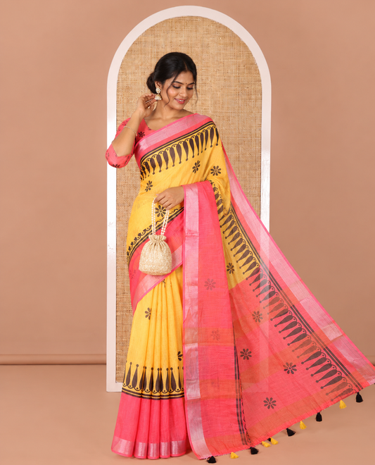 Yellow Linen Cotton Saree, Decked Up with Flower Motifs All Over Its Body, Complemented by a Contrast Border, Flower Motifs Printed Pallu, and Paired with a Contrast Blouse