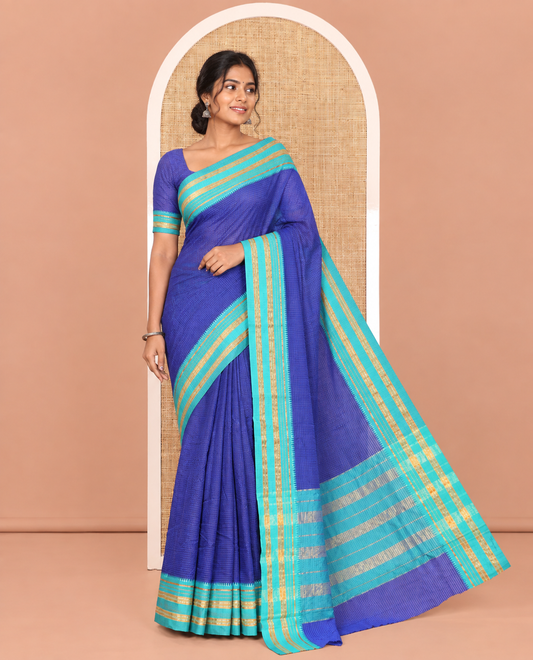 Blue Checked Mercerised Cotton Saree, a Contrast Temple Traditional Border, Striped Pallu, and a Contrast Blouse