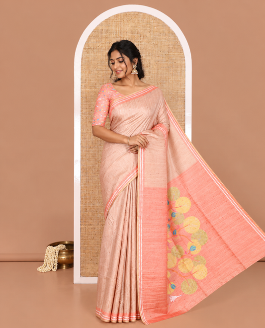 Chikku and Orange Plain Semi-Tussar Saree, Complemented by a Contrast Resham Thread Border, Tree of Life Printed Pallu, and Paired with a Contrast Bird Motifs Printed Blouse