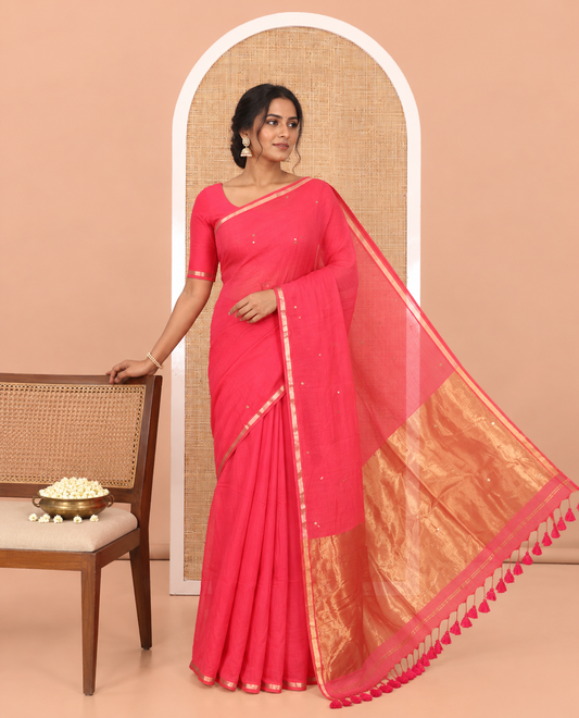 Rani Pink Khadi Mul Cotton Saree, Enthralled with Sequined Work, a Subtle Piping Border, Golden Pallu, and a Matching Blouse
