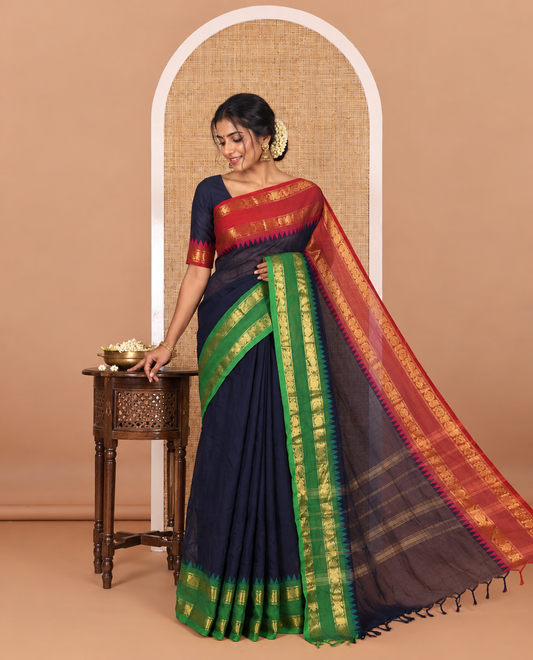 Navy blue plain chettinad cotton saree , ganga jamuna rettai pettu border , lining pallu with tussels
